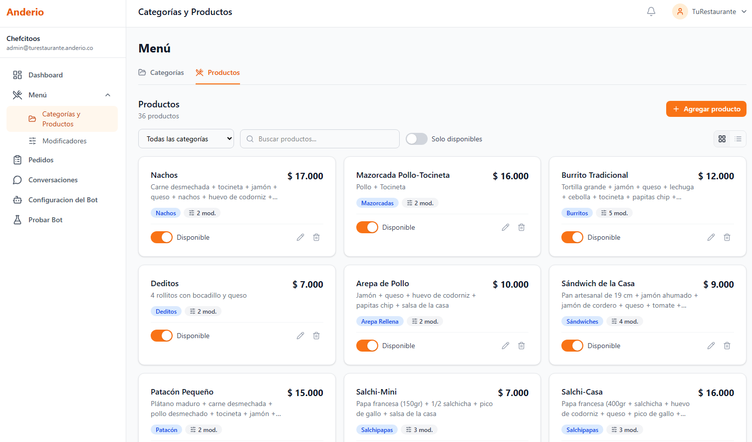 Panel de categorías y productos de Anderio